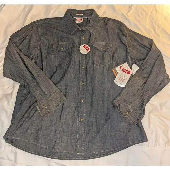NWT Wrangler Indigo Denim Jean Button Down Stretch Shirt Size XXL 3XL - Picture 9 of 11